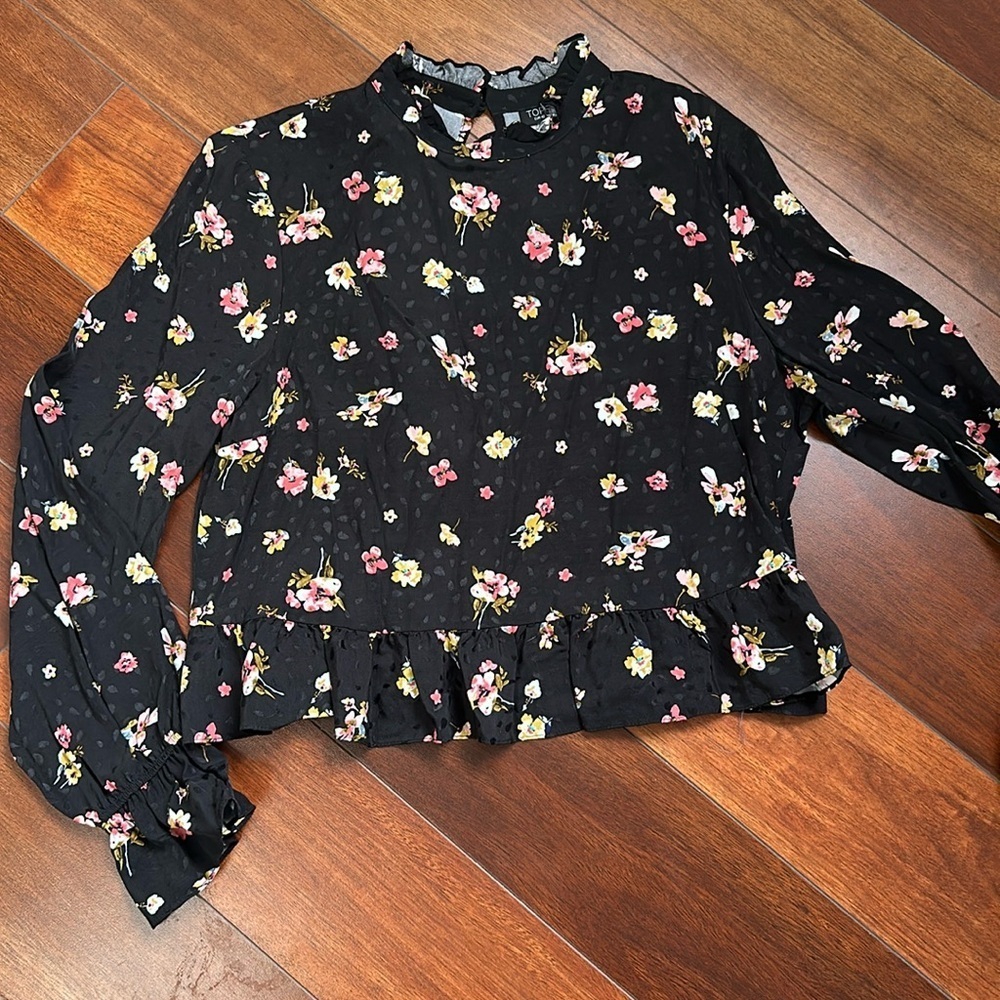 Top Shop Mock Neck Blouse Black Floral Bird Print Open Back Size 10